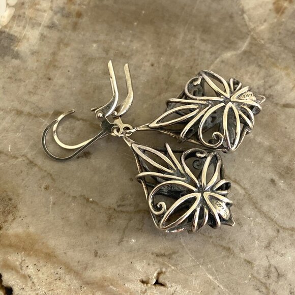 Sterling Silver 925 CFJ Filigree Openwork Scrollwork Leverback Dangle Earrings - Picture 7 of 16